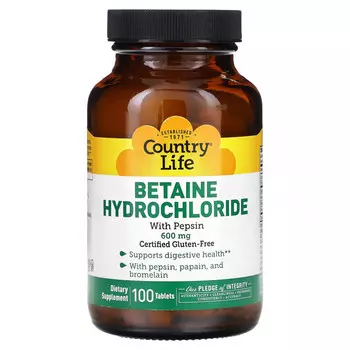 Country Life, Бетаина гидрохлорид с пепсином, 600 мг, 100 таблеток