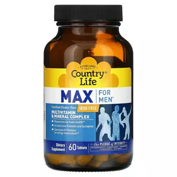Country Life, Max for Men, мультивитаминный и минеральный комплекс, без железа, 60 таблеток