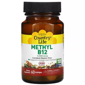 Country Life, метилированный витамин B12, со вкусом вишни, 5000 мкг, 60 пастилок