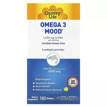 Country Life, Omega 3 Mood, с натуральным вкусом лимона, 180 мягких желатиновых капсул
