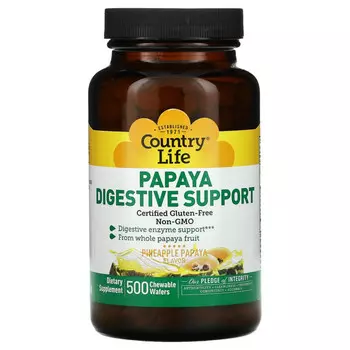 Country Life, Папайя для поддержки пищеварения, ананас и папайя, 500 жевательных вафель