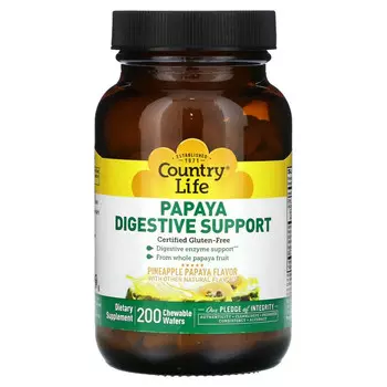 Country Life, Папайя для поддержки пищеварения, ананас и папайя, 200 жевательных вафель