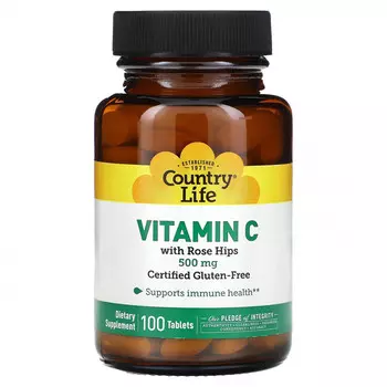 Country Life, Витамин C с шиповником, 500 мг, 100 таблеток
