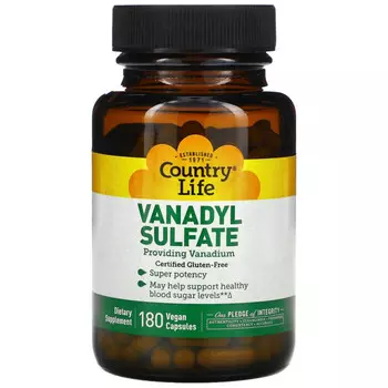 Country Life, ванадилсульфат, 5000 мкг, 180 вегетарианских капсул