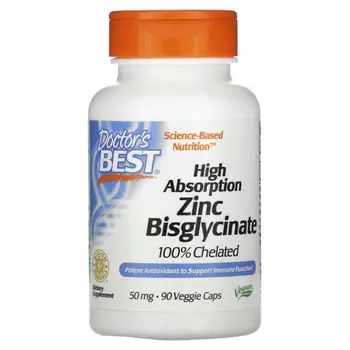 Doctor's Best, легкоусвояемый бисглицинат цинка, на 100% в хелатной форме, 50 мг, 90 вегетарианских капсул