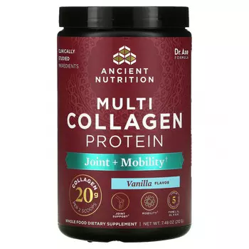 Dr. Axe / Ancient Nutrition, смесь коллагена разных типов и протеина, для здоровья и подвижности суставов, ваниль, 212 г (7,48 унции)