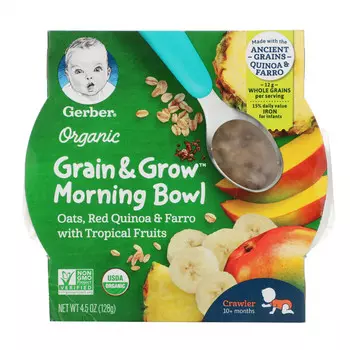 Gerber, Grain &amp; Grow Morning Bowl, органический продукт, для малышей от 10 месяцев, овсянка, красное киноа и полба с тропическими фруктами, 128 г (4,5 унции)