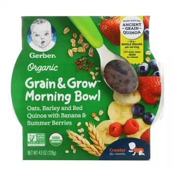 Gerber, Organic, Grain &amp; Grow, Morning Bowl, для малышей от 10 месяцев, овес, ячмень, красная киноа с бананом и летними ягодами, 128 г (4,5 унции)