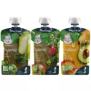 Gerber, Organic, набор с разными вкусами: груша и шпинат, груша, манго и авокадо, яблоко, цуккини, шпинат и клубника, 9 пакетиков, 99 г (3,5 унции) каждый