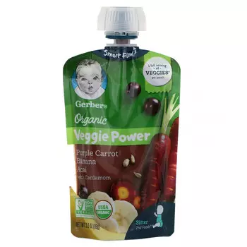 Gerber, Smart Flow, Organic, Veggie Power, фиолетовая морковь, банан, асаи с кардамоном, 99 г (3,5 унции)