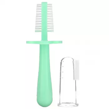 Grabease, Двусторонняя зубная щетка, для 4 месяцев и старше, мята, 1 щетка + 1 ступенчатая щетка для пальцев