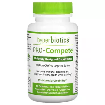 Hyperbiotics, PRO-Compete, уникальный дизайн для спортсменов, 6 млрд КОЕ, 60 таблеток с замедленным высвобождением