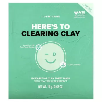 I Dew Care, Here's To Clearing Clay, отшелушивающая тканевая маска из глины, 4 тканевые маски, 19 г (0,67 унции) каждая