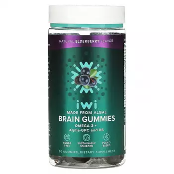 iWi, Жевательные таблетки для мозга, омега-3 + альфа-GPC и B6, натуральная бузина, 90 жевательных таблеток