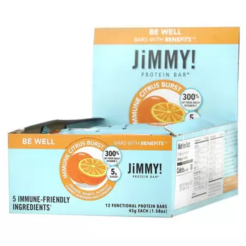 JiMMY!, Be Well Bars With Benefits, Immune Citrus Burst, 12 протеиновых батончиков, 45 г (1,58 унции)