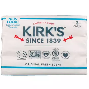 Kirk's, Gentle Castile Soap Bar, Original Fresh Scent, 3 Bars, 4 oz (113 g) Each
