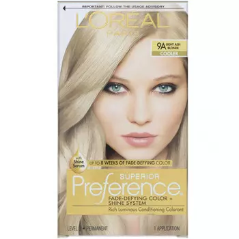 L'Oreal, Superior Preference, краска для волос с технологией против вымывания цвета и системой придания сияния, холодный оттенок, светлый пепельный блонд 9A, на 1 применение