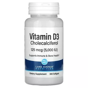 Lake Avenue Nutrition, витамин D3, 125 мкг (5000 МЕ), 360 капсул