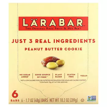 Larabar, The Original Real Fruit & Nut Bar, печенье с арахисовой пастой, 6 батончиков по 48 г (1,7 унции)
