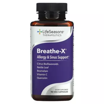 LifeSeasons, Breathe-X, средство от аллергии и заложенности носа, 90 вегетаранских капсул