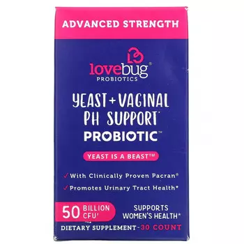 LoveBug Probiotics, Дрожжи и пробиотик для поддержки влагалищного уровня PH, повышенная эффективность, 50 млрд КОЕ, 30 шт.