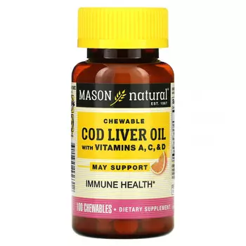 Mason Natural, Healthy Kids, жир печени трески с витаминами A, C и D, со вкусом апельсина, 100 жевательных таблеток