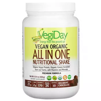 Natural Factors, VegiDay, Веганский органический питательный коктейль «все в одном», декадентский шоколад, 15,9 унции (450 г)