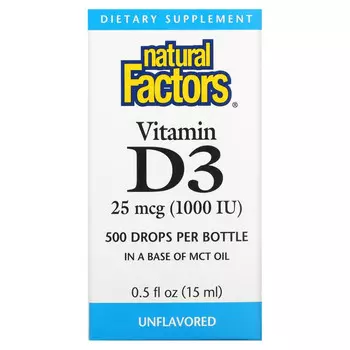 Natural Factors, Витамин D3 в каплях, без ароматизаторов, 25 мкг (1000 МЕ), 15 мл (0,5 жидкой унции)