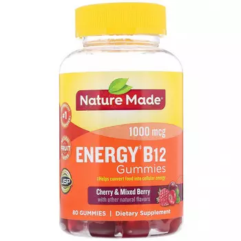 Nature Made, Энергетические жевательные таблетки с витамином B12, вишня и смесь ягод, 1000 мкг, 80 жевательных таблеток