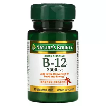 Nature's Bounty, B-12, натуральный вишневый вкус, 2500 мкг, 75 быстрорастворимых таблеток