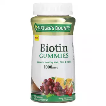 Nature's Bounty, Жевательные мармеладки с биотином, со вкусом винограда, апельсина и вишни, 1000 мкг, 110 жевательных таблеток