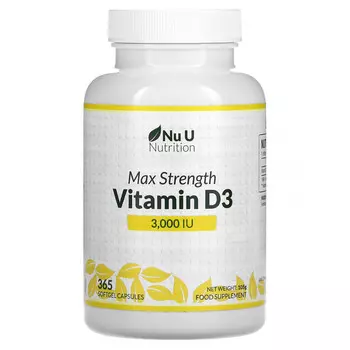 Nu U Nutrition, Витамин D3 максимальной силы действия, 3000 МЕ, 365 мягких капсул