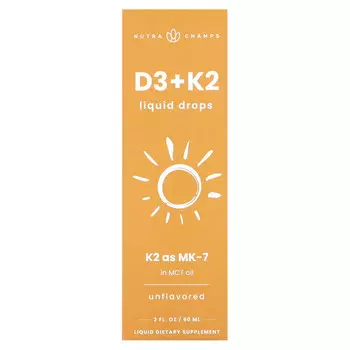 NutraChamps, Жидкие капли D3 + K2, без добавок, 60 мл (2 жидк. Унции)