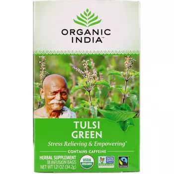 Organic India, чай с тулси, зеленый, 18 пакетиков, 34,2 г (1,21 унции)