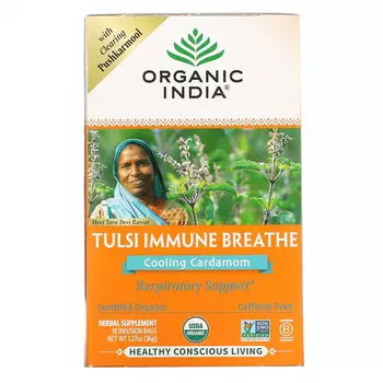 Organic India, Tulsi Immune Breathe, охлаждающий кардамон, без кофеина, 18 пакетиков для настоя, 36 г (1,27 унции)
