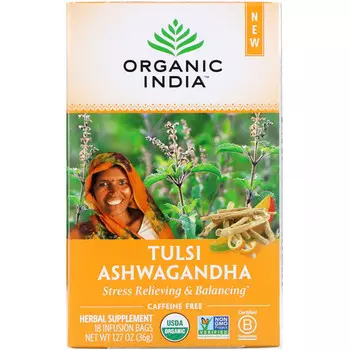 Organic India, Tulsi Tea, Ашваганда, без кофеина, 18 пакетиков для настоя, 1,27 унции (36 г)