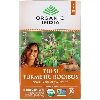 Organic India, Tulsi Tea, ройбуш с куркумой, без кофеина, 18 пакетиков для заваривания, 36 г (1,27 унции)