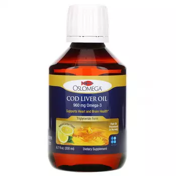 Oslomega, Жир печени норвежской трески, натуральный лимонный вкус, 960 мг, 200 мл (6,7 жидк. унции)