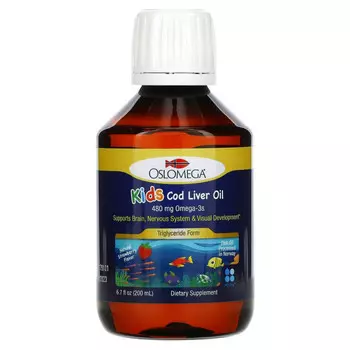 Oslomega, жир печени трески для детей, 480 мг омега-3, натуральный клубничный вкус, 480 мг, 200 мл (6,7 жидк. унции)