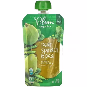 Plum Organics, органическое детское питание, этап 2, груша, шпинат и горох, 113 г (4 унции)