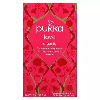 Pukka Herbs, Love, Чай с органической розой, ромашкой и лавандой, без кофеина, 20 пакетиков, 0,8 унции (24 г)