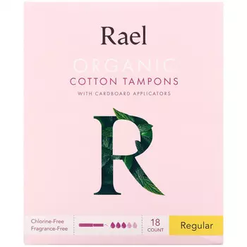 Rael, Тампоны из органического хлопка с картонными аппликаторами, обычные, 18 шт.