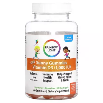 Rainbow Light, Kid's Sunny, жевательные мармеладки, витамин D3, фруктовое ассорти, 1000 МЕ, 60 жевательных таблеток