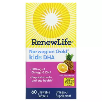 Renew Life, Norwegian Gold, ДГК для детей, со вкусом фруктового пунша, 200 мг, 60 жевательных таблеток