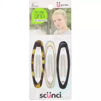 Scunci, Овальные зажимы для волос No Slip Grip, удерживают волосы весь день, разные цвета, 3 штуки