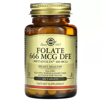 Solgar, фолат в виде метафолина, 400 мкг, 100 таблеток