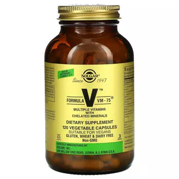 Solgar, Формула V, VM-75, мультивитамины и хелатные формы минералов, 120 капсул