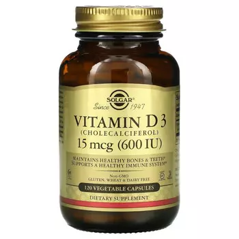 Solgar, Витамин D3 (холекальциферол), 15 мкг (600 МЕ), 120 растительных капсул