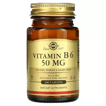 Solgar, Витамин В6, 50 мг, 100 таблеток