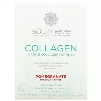 Solumeve, пептиды коллагена с витамином C и гиалуроновой кислотой, гранат, 30 пакетиков по 5,37 г (0,19 унции)